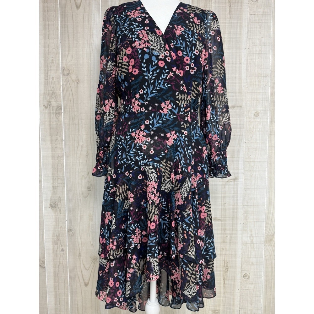 Eliza J Floral Midi Dress 8 Sheer Balloon Sleeve Ruffle Tiered Chiffon Lined